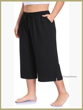 Plus Size Wide Leg Capri Pants with Pockets, Loose Yoga Lounge Pajama Capris